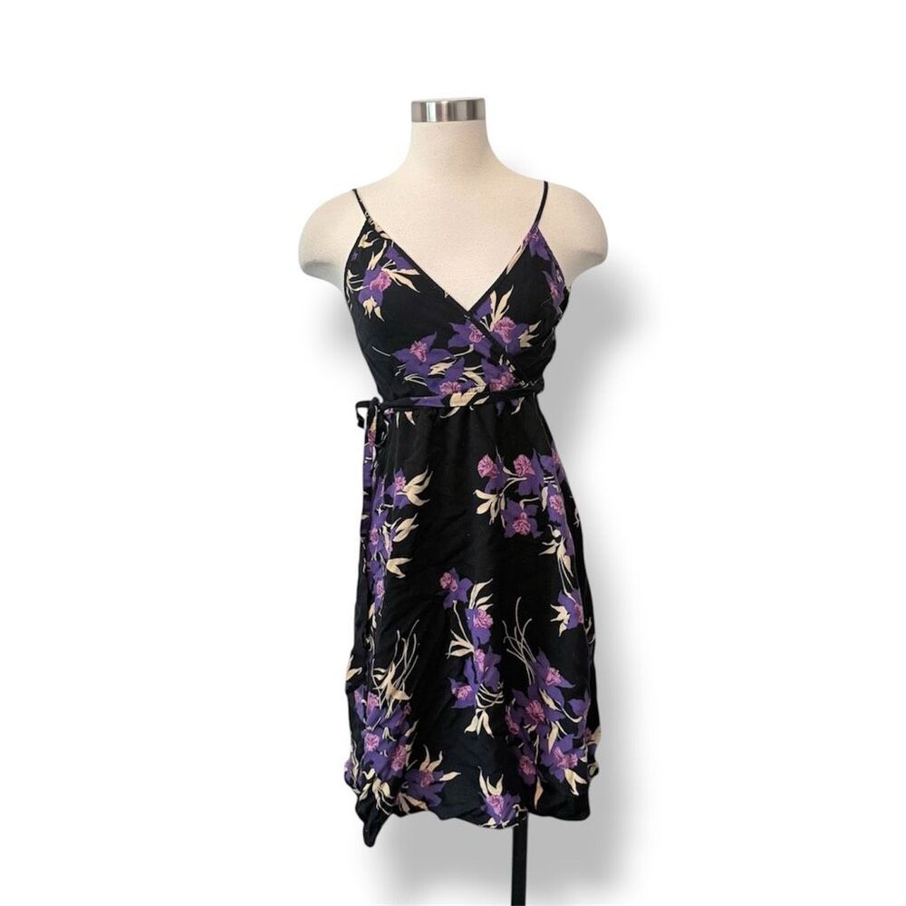 Vintage Contempo Casuals Black Floral Mini Wrap Dress Small Flowers